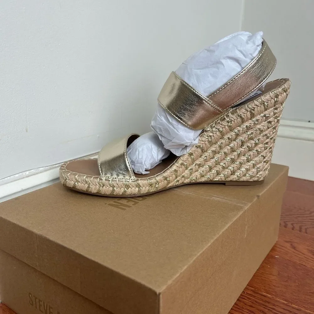 NWT STEVE MADDEN GOLD ESPADRILLE WEDGE SANDALS SUMMER VACATION SHOES‎